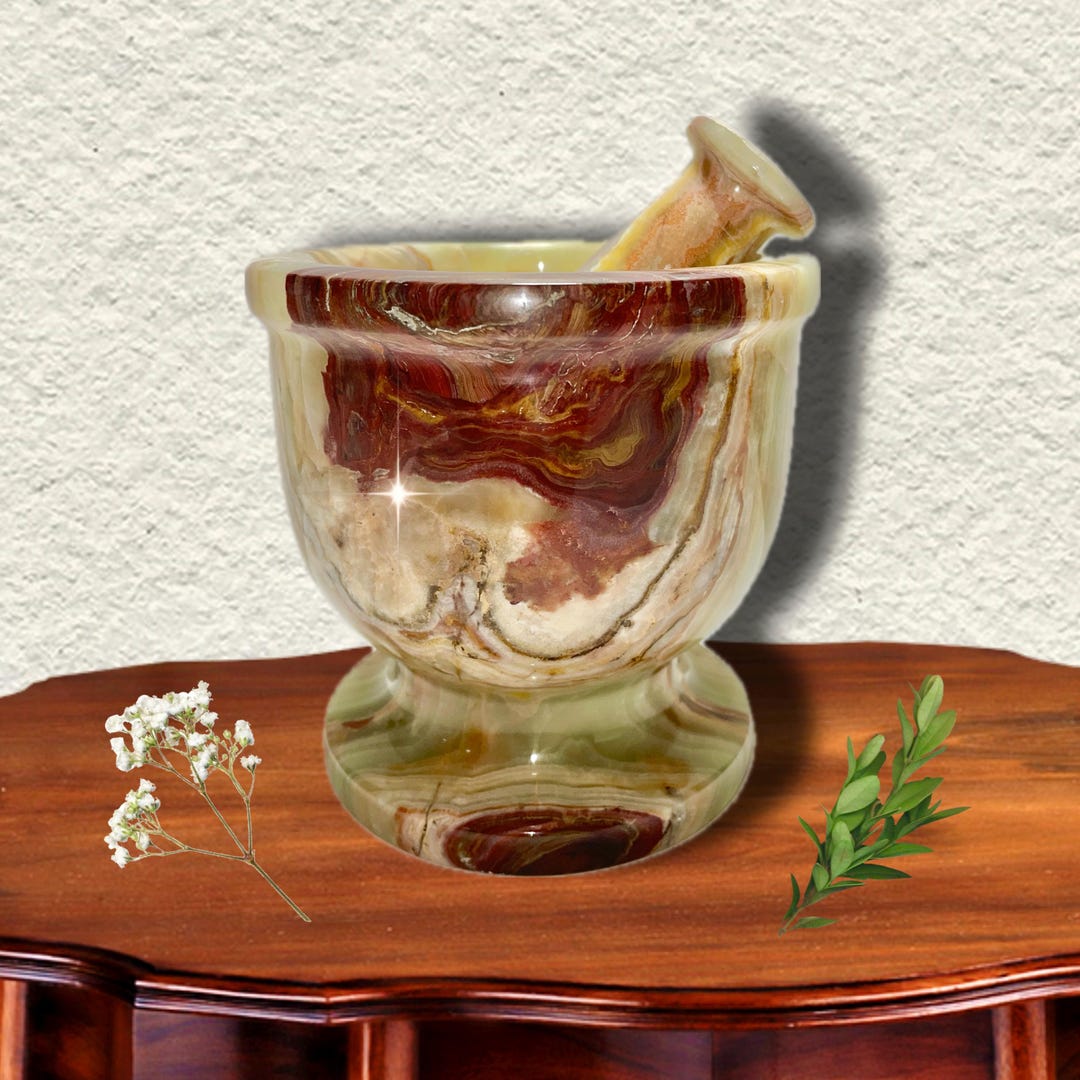 Natural Green Onyx Mortar and Pestle | Green & Brown Marbled Stone | Cottagecore Kitchen | Ritual Tool | Herbal Grinder Set (2.5–5) |