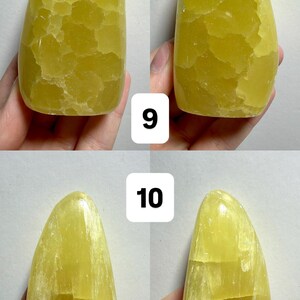 May include: Four views of two yellow calcite freeform stones. The stones are a pale yellow color and have a textured surface. The stones are numbered 9 and 10. The text at the top of the image reads "(Two sides - 1 Freeform)".