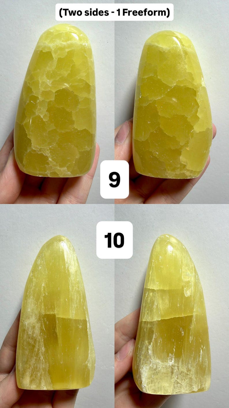 May include: Four views of two yellow calcite freeform stones. The stones are a pale yellow color and have a textured surface. The stones are numbered 9 and 10. The text at the top of the image reads "(Two sides - 1 Freeform)".