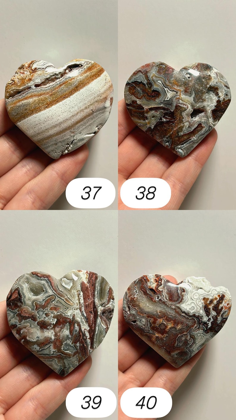 May include: Four heart-shaped stones with unique patterns and colors. The stones are numbered 37, 38, 39, and 40. The stones have a mix of brown, white, gray, and red hues, with visible veining and textures. These decorative stones are ideal for home decor.