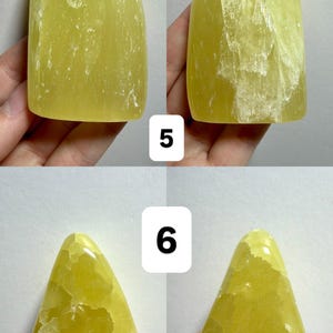 May include: Four views of yellow calcite stone sculptures. Two are tall and rounded, and two are triangular. The stones have a translucent quality and a natural, textured appearance. The text "(Two sides - 1 Freeform)" is at the top.