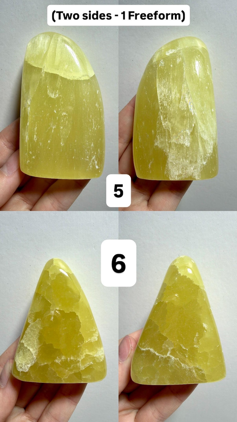 May include: Four views of yellow calcite stone sculptures. Two are tall and rounded, and two are triangular. The stones have a translucent quality and a natural, textured appearance. The text "(Two sides - 1 Freeform)" is at the top.