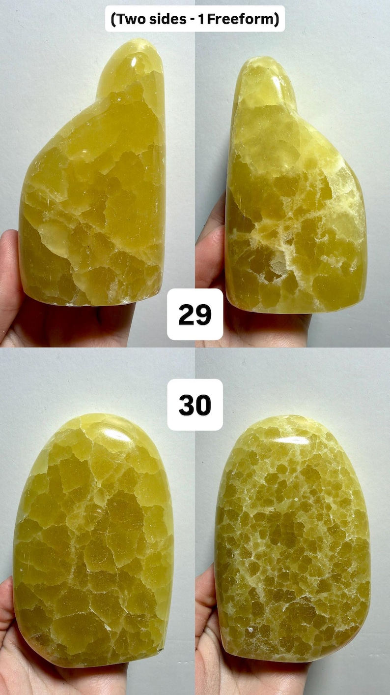 May include: Four views of a freeform, yellow-green stone with a textured surface. The stone has a rounded shape with a smooth, polished appearance. The numbers "29" and "30" are visible in the image.
