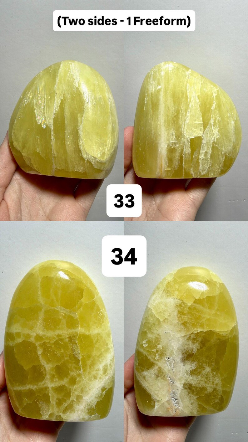 May include: Four views of freeform, polished yellow-green stones. The stones have a smooth, rounded shape with visible internal patterns and variations in color. The text "(Two sides - 1 Freeform)", "33", and "34" are visible.