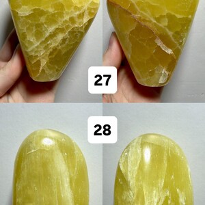 May include: Four yellow-green freeform stones. The stones have a translucent appearance with visible internal patterns. The image includes the text "(Two sides - 1 Freeform)" at the top and numbers "27" and "28" in white boxes.