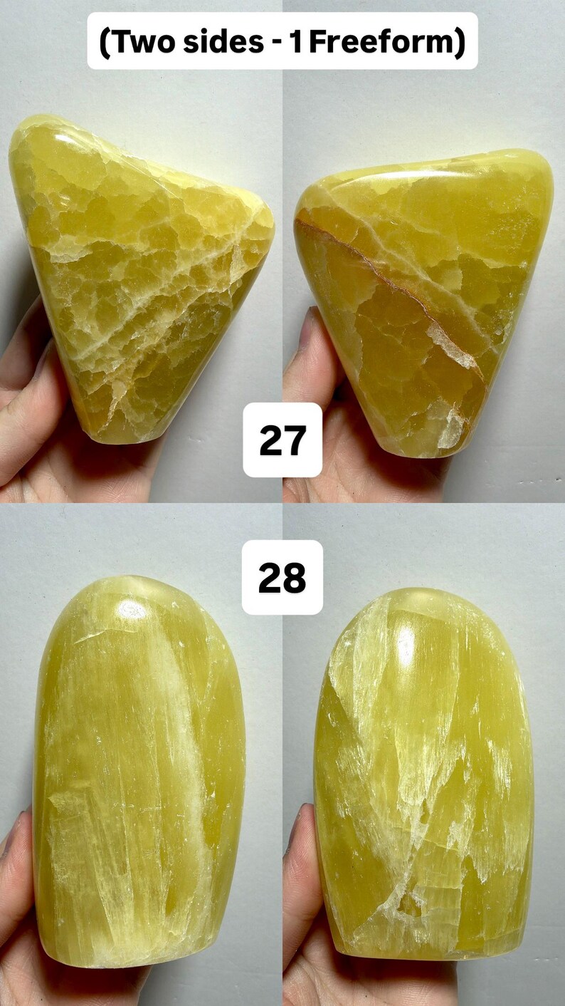 May include: Four yellow-green freeform stones. The stones have a translucent appearance with visible internal patterns. The image includes the text "(Two sides - 1 Freeform)" at the top and numbers "27" and "28" in white boxes.