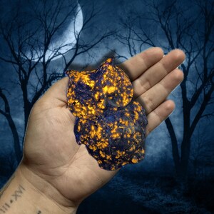 K&ouml;nnte beinhalten: Eine geschnitzte Eulenfigur mit einem gesprenkelten Muster aus Orange und Dunkelblau. Die Eule wird in einer Hand vor dem Hintergrund einer mondbeschienenen Nacht mit silhouetten B&auml;umen gehalten. Die Eule ist ein dekoratives Objekt.