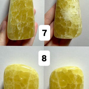 May include: Four views of a freeform, yellow-green crystal. The stone has a smooth, polished surface with visible internal patterns and inclusions. The text "(Two sides - 1 Freeform)" is at the top. Numbers 7 and 8 are in the center.