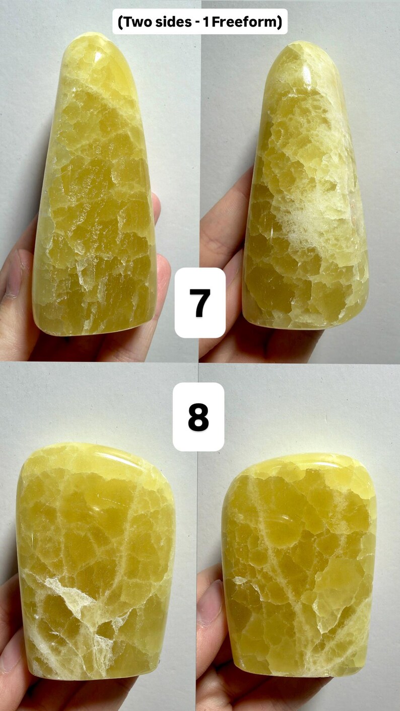 May include: Four views of a freeform, yellow-green crystal. The stone has a smooth, polished surface with visible internal patterns and inclusions. The text "(Two sides - 1 Freeform)" is at the top. Numbers 7 and 8 are in the center.