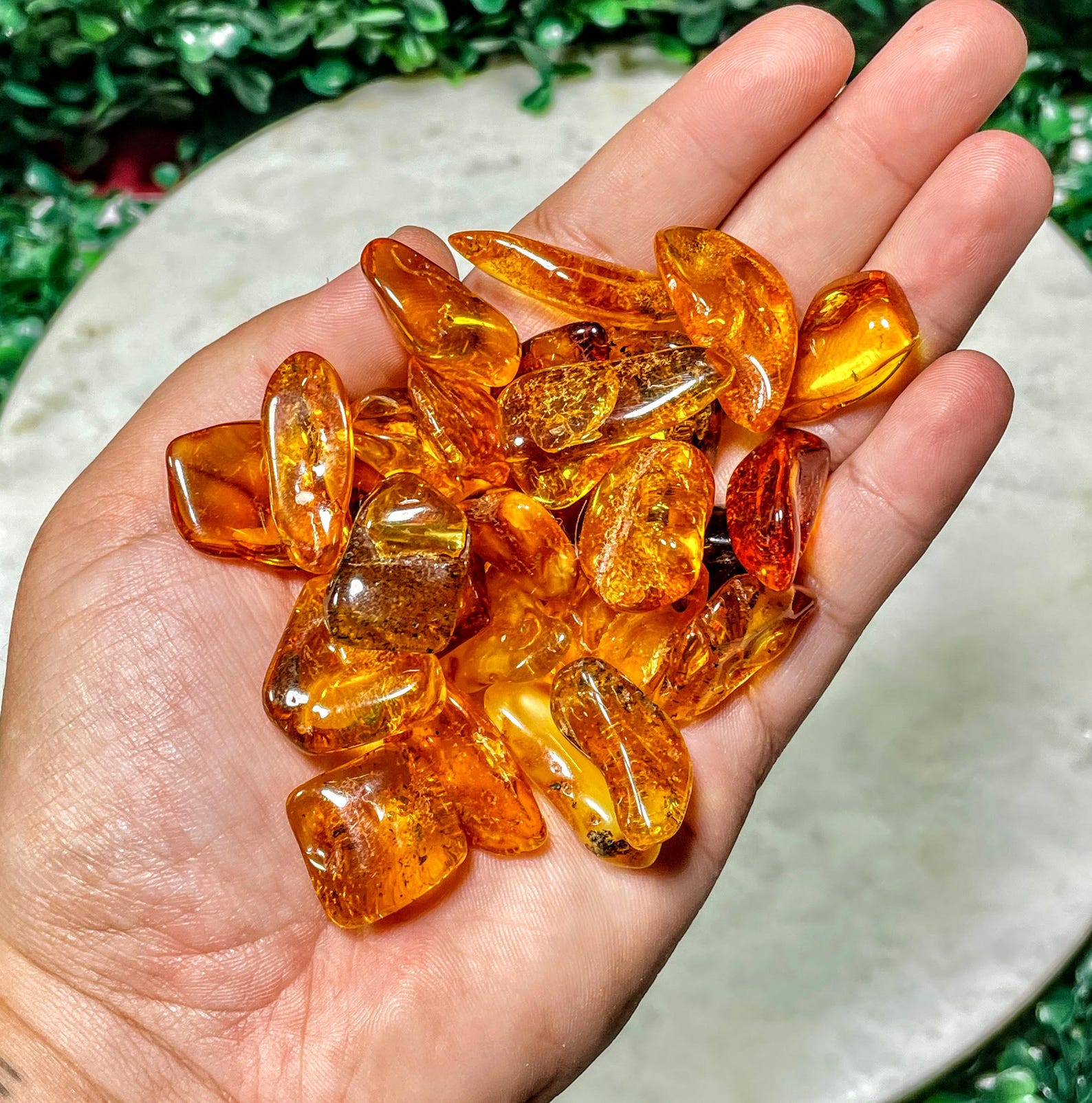 Hand holding polished golden amber crystals for Cancer, known for emotional healing and gentle protective energy.