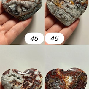 May include: Four heart-shaped stones with unique patterns and colors. The stones are held in hands and numbered 45, 46, 47, and 48. The stones feature a mix of brown, white, and gray hues, with intricate veining.