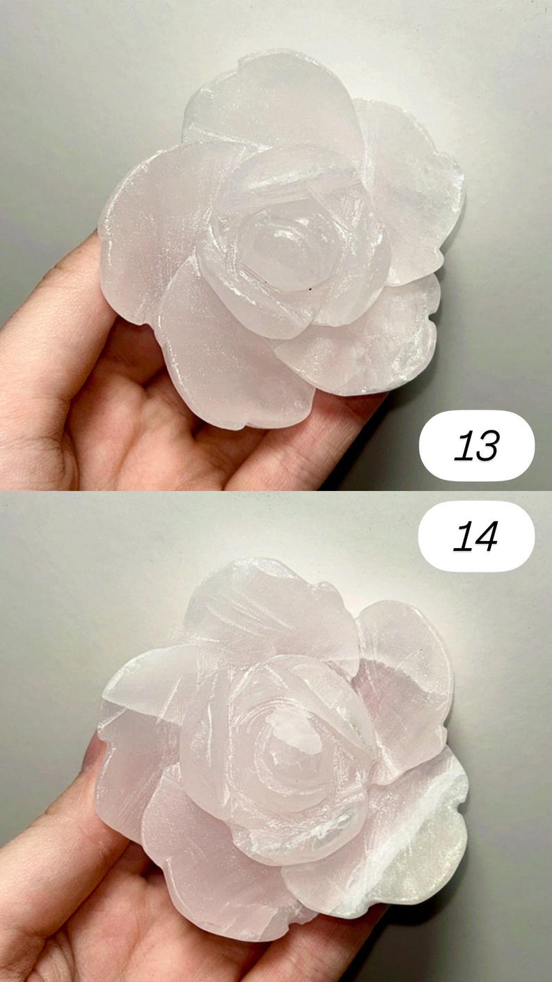 May include: A carved rose made of pale pink stone. The flower is in full bloom, with detailed petals. The image is split into two sections, each showing a different angle of the rose. Numbers 13 and 14 are in the background.
