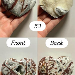 May include: Two heart-shaped stones, one with a front and back view, and the other with a front and back view. The stones have a mix of colors, including white, gray, and brown. The text "Front" and "Back" are above each view, and the numbers "53" and "54" are below.