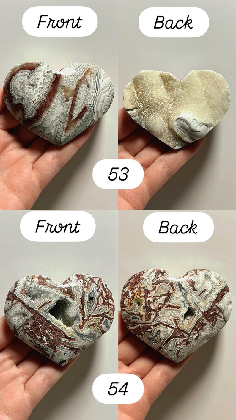 May include: Two heart-shaped stones, one with a front and back view, and the other with a front and back view. The stones have a mix of colors, including white, gray, and brown. The text "Front" and "Back" are above each view, and the numbers "53" and "54" are below.