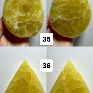 May include: Two sides of a freeform, yellow-green gemstone, with a textured surface. The top image is a rounded shape, and the bottom image is a diamond shape. The numbers 35 and 36 are printed on the image.