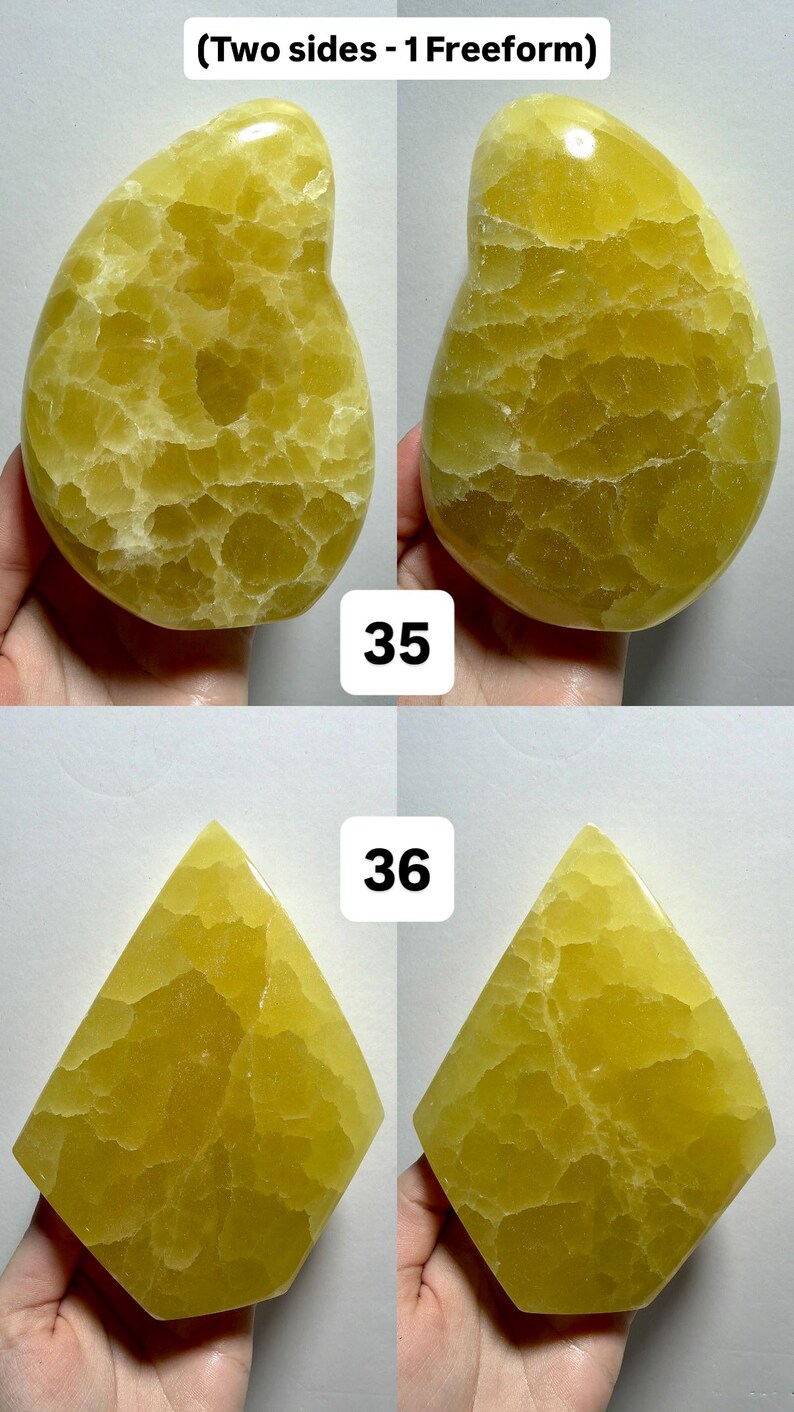 May include: Two sides of a freeform, yellow-green gemstone, with a textured surface. The top image is a rounded shape, and the bottom image is a diamond shape. The numbers 35 and 36 are printed on the image.