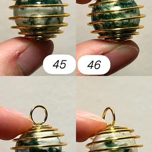 May include: Four close-up images of a gemstone pendant. Each pendant features a spherical, green and white stone encased in a gold-colored wire cage. A gold loop is at the top for hanging. Numbers 45, 46, 47, and 48 are in the bottom corners.