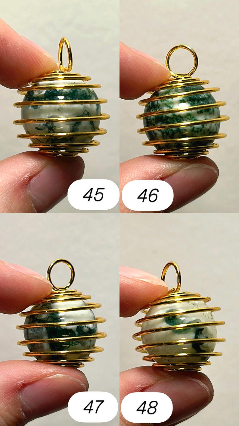 May include: Four close-up images of a gemstone pendant. Each pendant features a spherical, green and white stone encased in a gold-colored wire cage. A gold loop is at the top for hanging. Numbers 45, 46, 47, and 48 are in the bottom corners.