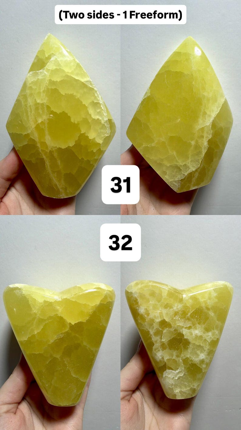 May include: Four yellow-green freeform gemstone carvings. Two are diamond-shaped, and two are heart-shaped. The gemstones have a textured surface. The image includes the text "(Two sides - 1 Freeform)" and numbers "31" and "32".