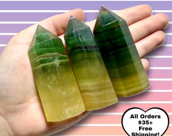 Polished Fluorite Points | Banded Green and Yellow Crystal Towers | 2.25" to 3.25" | Fluorite Obelisk Carvings | You Pick!