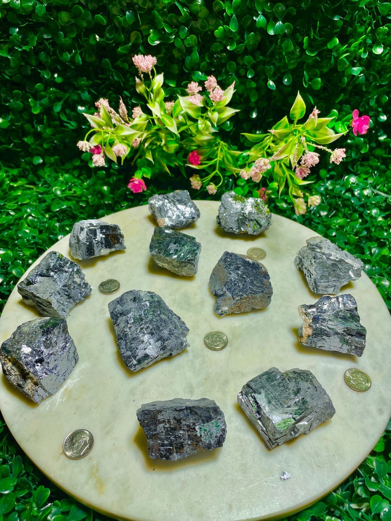 Puede incluir: Una colecci&oacute;n de 10 cristales de galena en bruto, sin pulir, de color gris plateado sobre una superficie circular blanca. Los cristales son de varios tama&ntilde;os y formas, algunos tienen un ligero tono verde.