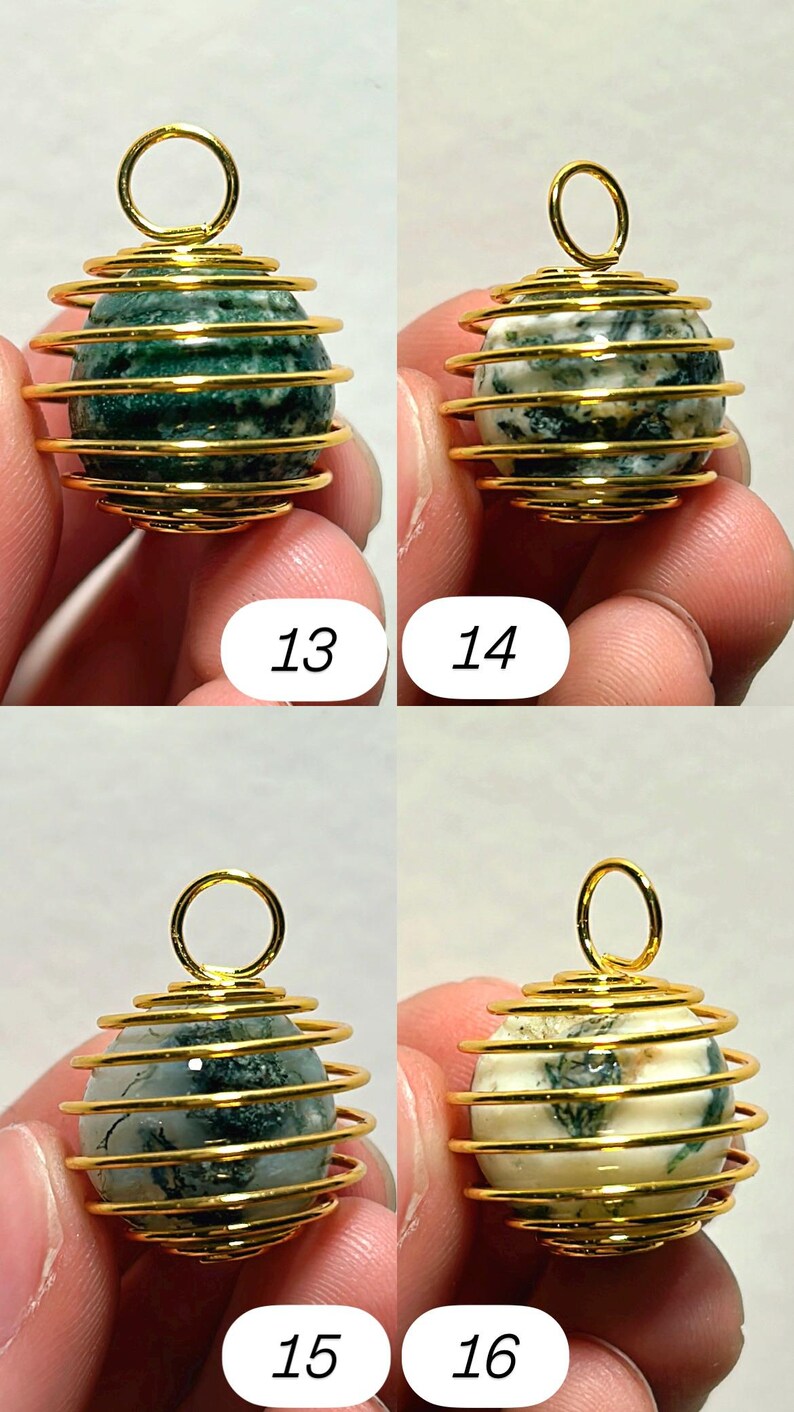 May include: Four gemstone pendants with gold-colored wire wrapping. Each pendant has a different colored stone, including green, white, and cream. The pendants are numbered 13, 14, 15, and 16.