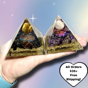 Orgonite Pyramid | Crystal Healing Energy Resin Pyramid | EMF Protection | Lapis Amethyst Obsidian | Choose Your Crystal! | LED Stand Option