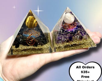 Orgonite Pyramid | Crystal Healing Energy Resin Pyramid | EMF Protection | Lapis Amethyst Obsidian | Choose Your Crystal! | LED Stand Option