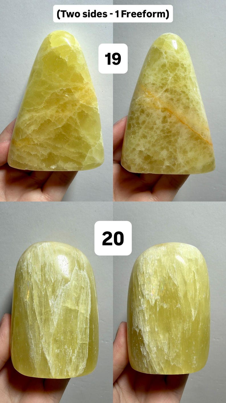 May include: Four polished, freeform yellow-green gemstones. Two are numbered 19, and two are numbered 20. The stones have a smooth, rounded shape with visible internal patterns and variations in color. The text at the top reads "(Two sides - 1 Freeform)".