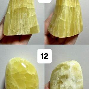 May include: Four yellow calcite freeform crystal sculptures. Two are tall and slender, labeled "11", and two are rounded, labeled "12". The crystals have a translucent, textured appearance, with variations in color from pale to vibrant yellow.