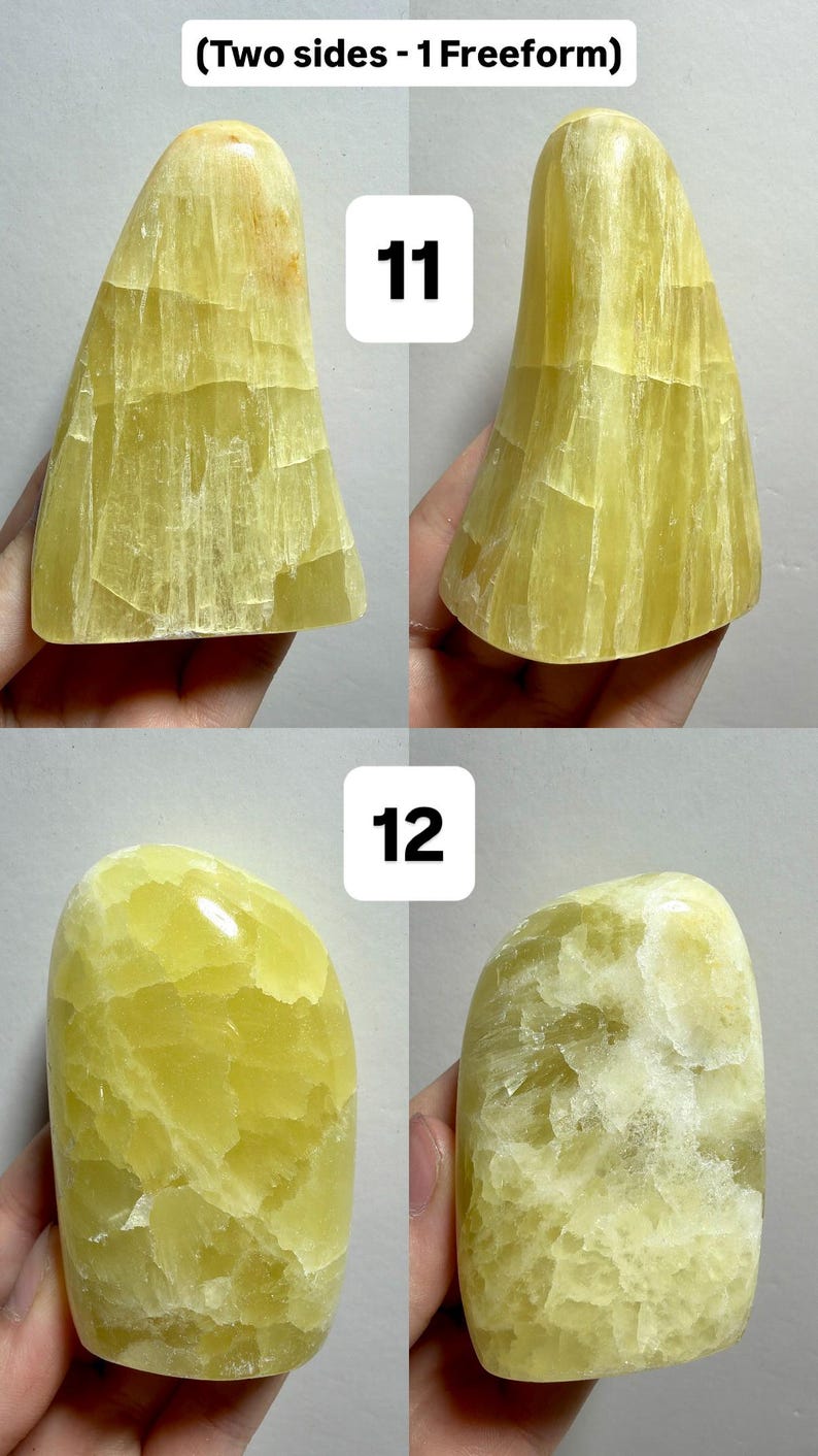 May include: Four yellow calcite freeform crystal sculptures. Two are tall and slender, labeled "11", and two are rounded, labeled "12". The crystals have a translucent, textured appearance, with variations in color from pale to vibrant yellow.