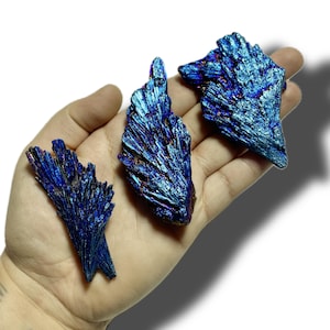 May include: Three iridescent blue and purple crystals with a spiky, feather-like texture. The crystals are arranged on a hand.