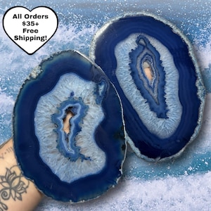 6''-6.5'' Blue Dyed Agate Slices | Includes Acrylic Stand | Crystal Agate Slabs (9A) | You Pick!