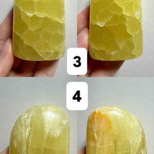 May include: Four views of a freeform, yellow-green stone. The stone has a rounded top and a textured surface. The text "(Two sides - 1 Freeform)" is at the top of the image. The numbers "3" and "4" are also in the image.