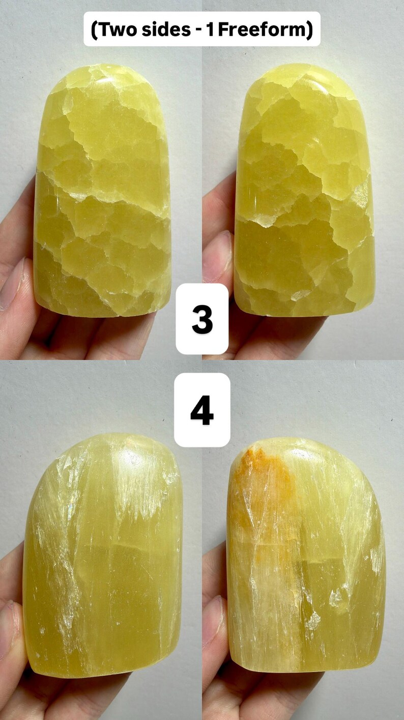 May include: Four views of a freeform, yellow-green stone. The stone has a rounded top and a textured surface. The text "(Two sides - 1 Freeform)" is at the top of the image. The numbers "3" and "4" are also in the image.