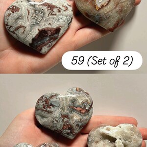 May include: Heart-shaped stones with unique patterns in shades of gray, brown, and white. The image includes two sets of heart-shaped stones, one set of two and another set of three. The text "59 (Set of 2)" and "60 (Set of 3)" is visible.