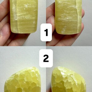 May include: Four views of a yellow calcite stone. The top two images show a rectangular shape with rounded edges. The bottom two images show a more freeform shape. The text in the image reads: (Two sides - 1 Freeform).