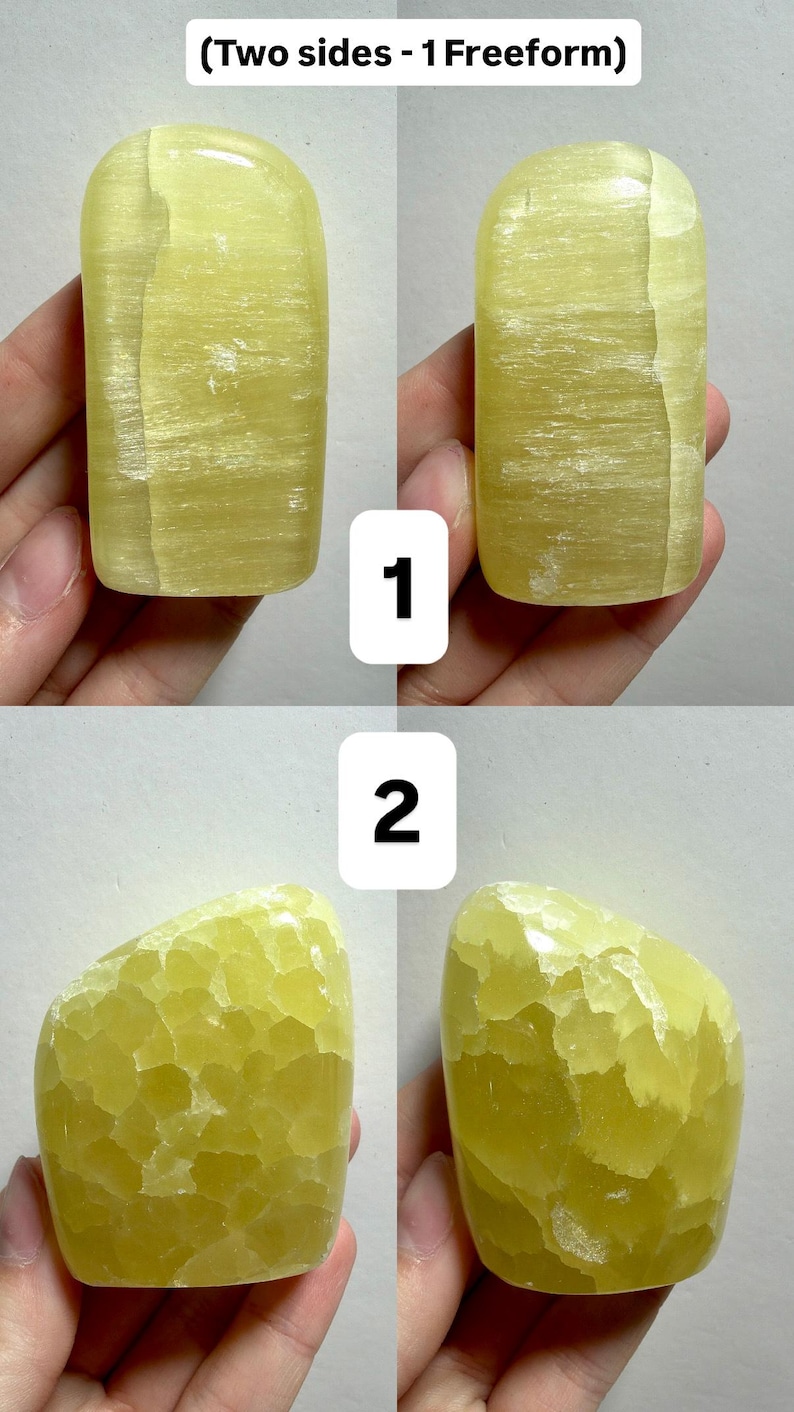May include: Four views of a yellow calcite stone. The top two images show a rectangular shape with rounded edges. The bottom two images show a more freeform shape. The text in the image reads: (Two sides - 1 Freeform).