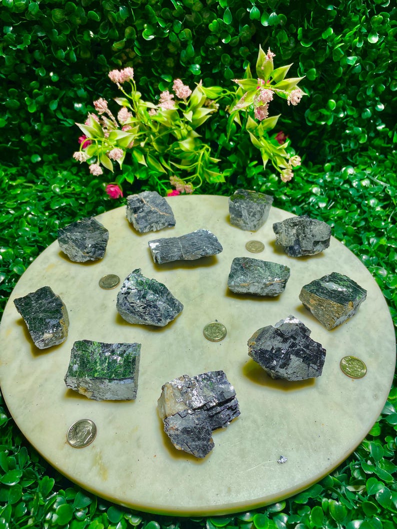 Puede incluir: Una colecci&oacute;n de 10 espec&iacute;menes minerales verdes y negros sobre una superficie circular blanca. Los espec&iacute;menes minerales son de varios tama&ntilde;os y formas.