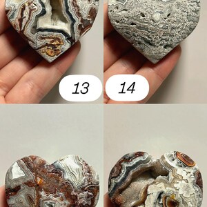 May include: Four heart-shaped agate stones with unique patterns and colors. Each stone is numbered 13, 14, 15, and 16. The stones feature a mix of brown, white, gray, and beige hues, with visible crystal formations.