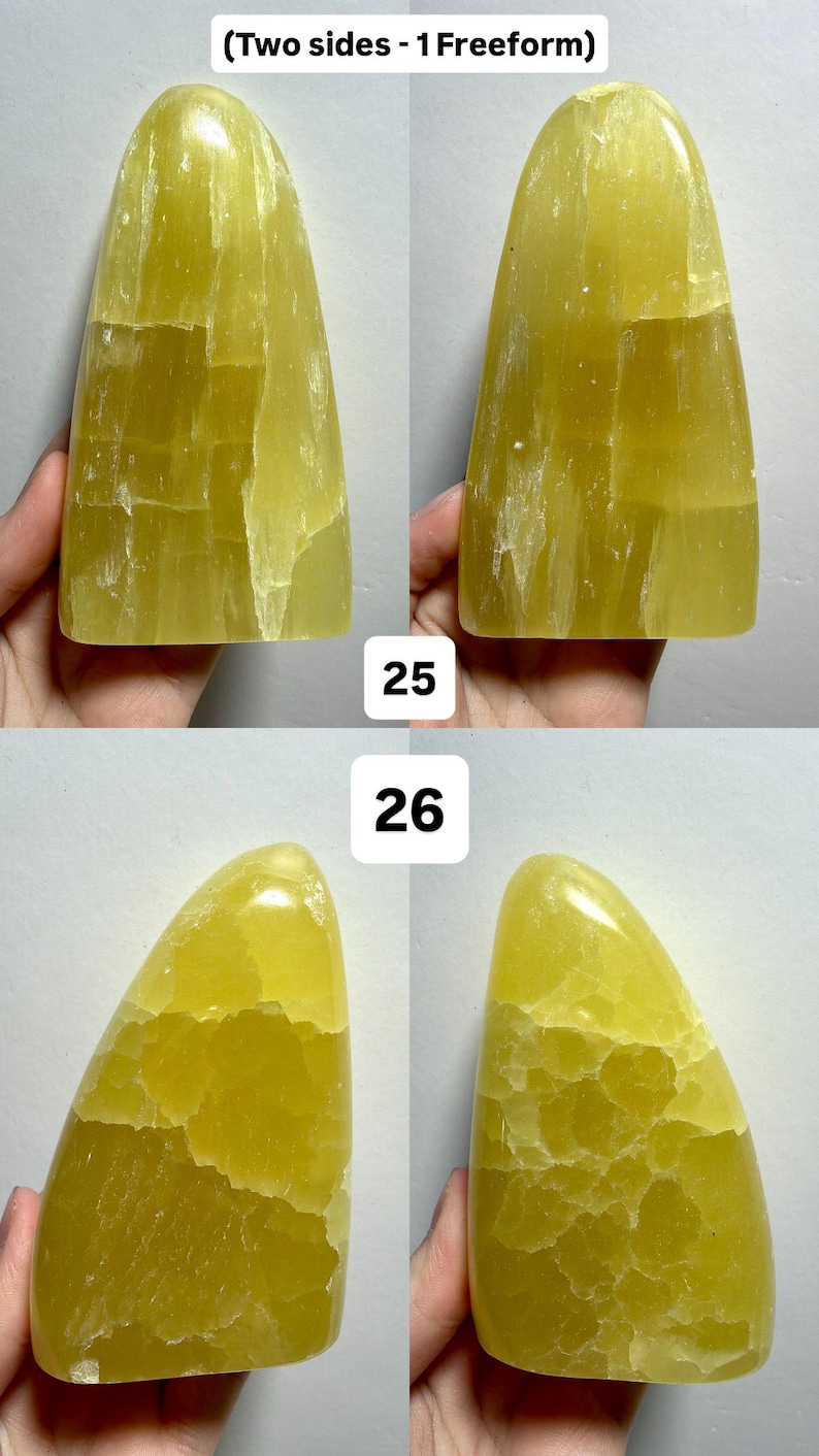 May include: Four views of a freeform, yellow calcite stone. The stone has a smooth, polished surface with natural variations in color and texture. The text "(Two sides - 1 Freeform)" is at the top. Numbers "25" and "26" are also visible.