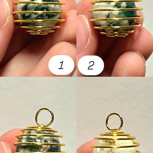 May include: Four close-up images of gemstone pendants. Each pendant features a spherical stone encased in a gold-colored wire cage. The stones vary in color, with some showing green and white patterns, and others a cream color.
