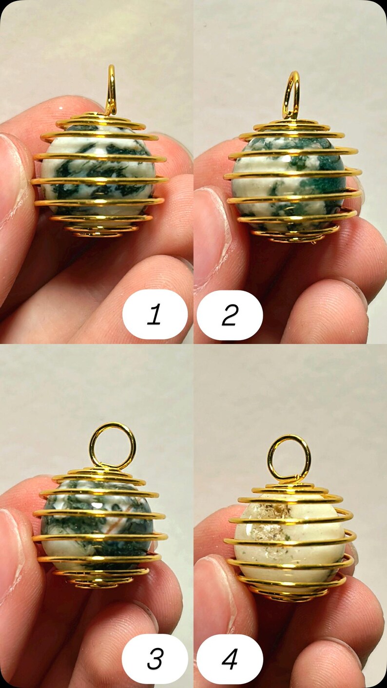 May include: Four close-up images of gemstone pendants. Each pendant features a spherical stone encased in a gold-colored wire cage. The stones vary in color, with some showing green and white patterns, and others a cream color.