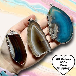 Natural and Dyed Agate Slice Pendant | Polished Boho Chic Stone Jewelry | Healing Agate Crystal | Black Necklace Cord Included | You Pick!