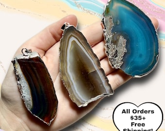 Natural and Dyed Agate Slice Pendant | Polished Boho Chic Stone Jewelry | Healing Agate Crystal | Black Necklace Cord Included | You Pick!