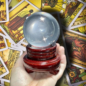 Witchy Crystal Ball & Wood Stand | Halloween Decor | 3'' Clear Crystal Ball Prop | Crystal Glass Witch Altar Decor | Gothic Home Aesthetic!