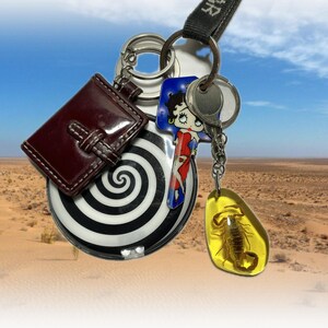 May include: A selection of keyrings, featuring a small burgundy leather wallet, a black and white spiral design, a Betty Boop key, and a yellow resin pendant with a scorpion inside. The keyrings are attached to a black lanyard.