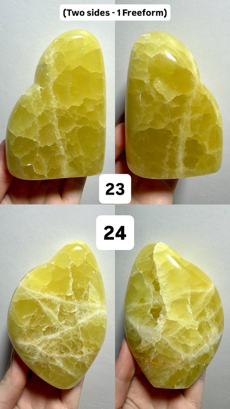 May include: Four yellow-green freeform stones, two with heart-like shapes and two with more rounded shapes. The stones have a textured, crystalline appearance. The image includes the text "(Two sides - 1 Freeform)" and numbers "23" and "24".