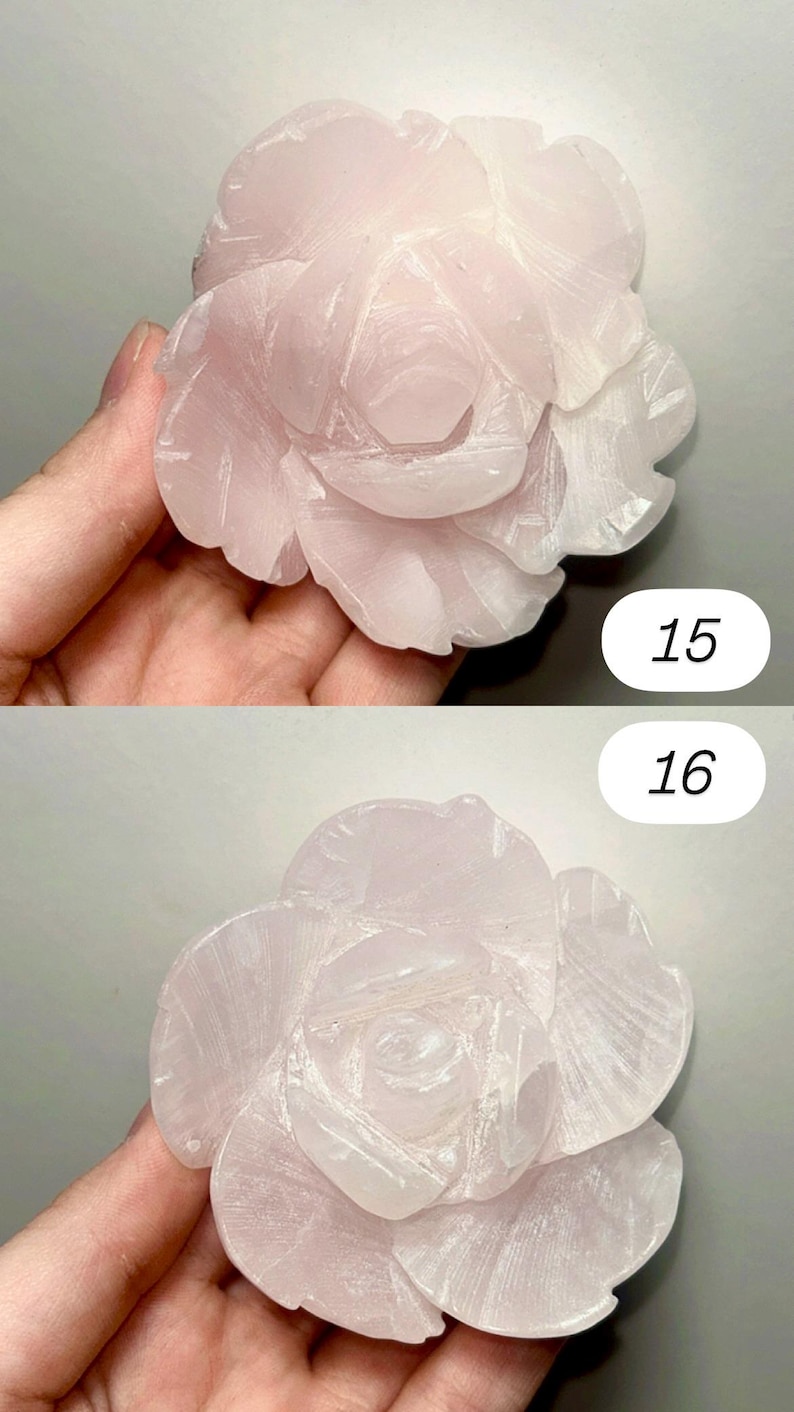 May include: Two images of a carved rose made of pink quartz. The rose has detailed petals and a natural, translucent appearance. The images are numbered 15 and 16.