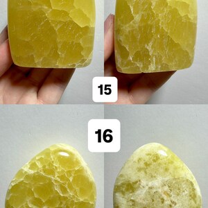 May include: Four polished, freeform yellow calcite stones. The stones have a smooth, rounded shape with visible internal crystalline structures. The image includes the text "(Two sides - 1 Freeform)" and numbers "15" and "16".